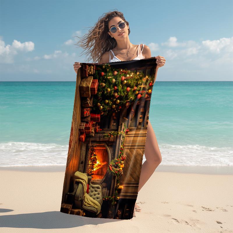 1Pc Merry Christmas Celebration Beach Towel Microfiber Beach Towel Thin Absorbent For Beach Swimming Yoga Bath Sports