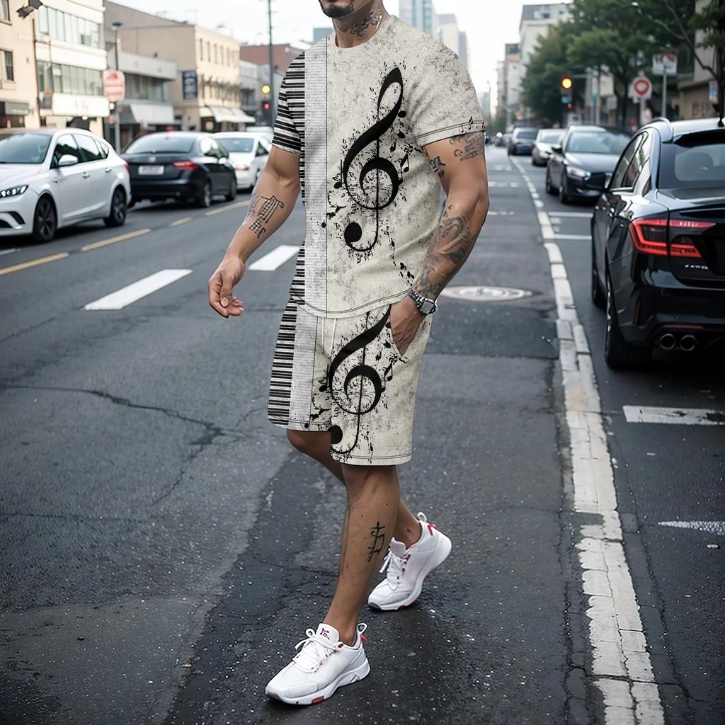 Summer Men's Two-piece 3D Music Instrument Short Sleeved Shorts Set Men's Running and Leisure Art Set Men's Clothing
