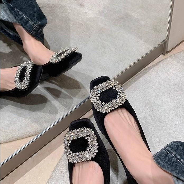 Sheepskin~ Grape Mom Noble Velvet Rhinestone Square Buckle Shallow Mouth Low Heel Single Shoes Women's Commuting Versatile Flat Bottom Banquet Shoes