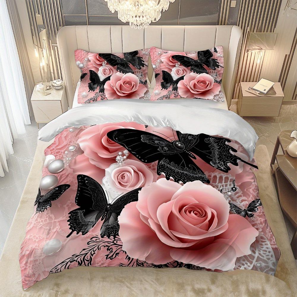 3pcs Pink Beding Set Buterfly Rose Pearl 3D Print Cozy Soft Duvet Cover King Quen Twin Sized Dimensions Birthday Gift for Adult People Bedrom Decor