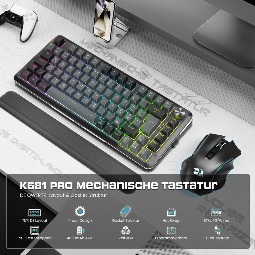 Redragon K681GB-PRO-DE Tri-mode Mechanical Keyboard, RGB Dragon Roar Switches, Hot-swappable, 4000mAh Battery, with Knob and Black/Gray Keycaps