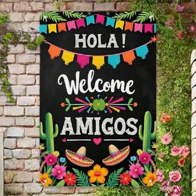 Hola Amigos Eisen Wandkunst Buntes Mexikanisches Fiesta Willkommensschild Kaktus Sombrero Dekoration Retro Haus Café Party Hängendes Schild