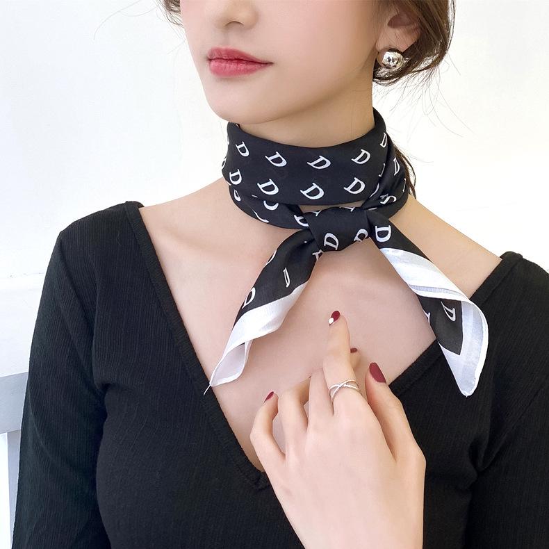 New Korean Style Silk Fashion Neck Scarf - Spring/Summer Thin Faux Silk Printed Scarf for Women.