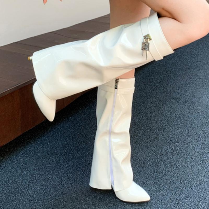 Turned-over Edge Knee High Boots Women Shoes Sexy Key High Heels White Black Western Boot Female 2024 New Trends Party Shoes
