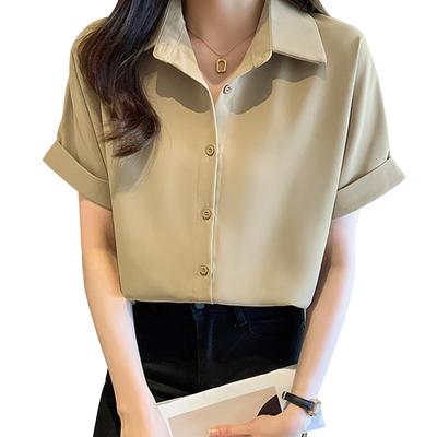 Short Cut and Loose Short Sleeve Roll Up Front Large Everyday [MEME XTRA] Blouse, Shirt, Women's, Sleeve, Top, Collared, Sewn, Fit, Blouse, Plain,