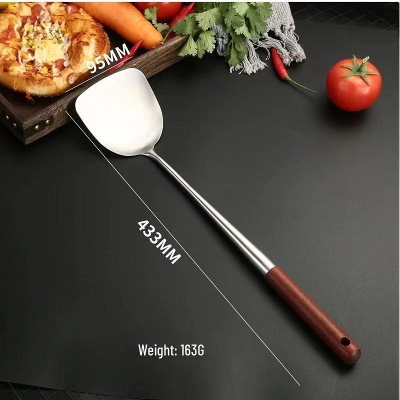 Stainless Steel Spatula with Extended Wooden Handle - High-Temperature Resistant, Anti-Scald Kitchen Utensil for Frying and Stir-Fry Cooking.