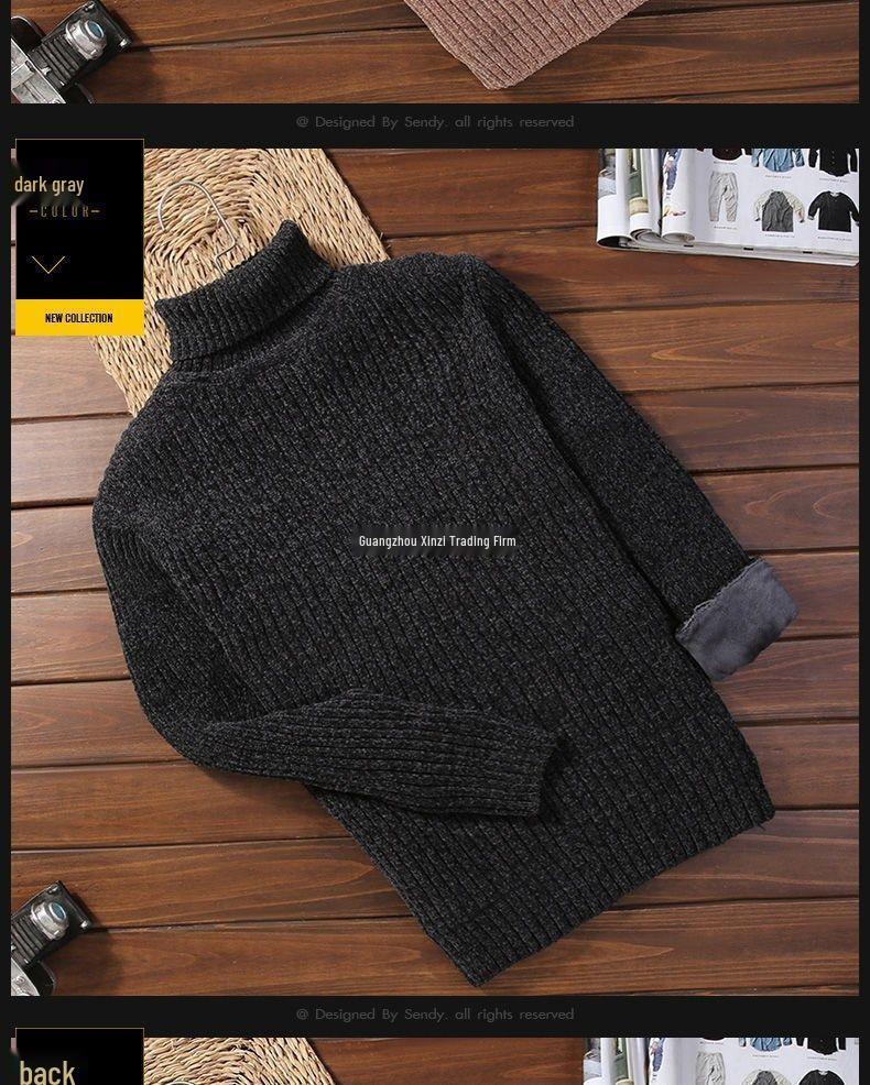 Men's Thick Velvet Chenille High Neck Sweater - Trendy, Loose Fit, Warm Solid Color Knit for Autumn/Winter