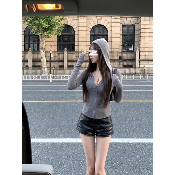 Women s Spring 2025 Grey Hooded Slim Knit Cardigan with Zipper M серый