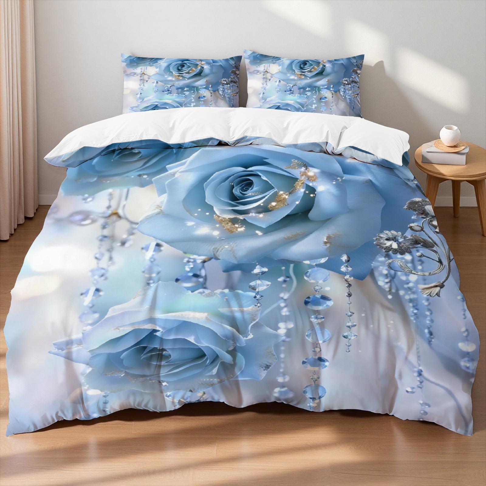 Ensemble de literie rose 3 pièces Luxe Diamant Rose Impression 3D Housse de couette douillette Taille King Queen Twin Cadeau d'anniversaire pour Décoration de chambre d'adulte EU Single 135x200cm gray