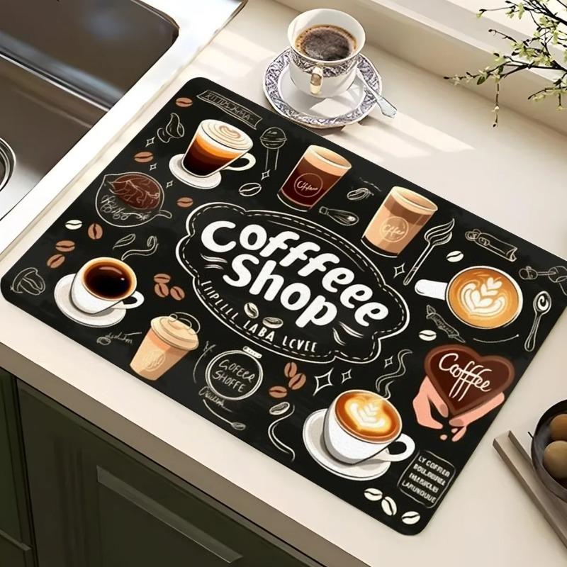 Vintage Espresso Bar Printed Absorbent Drain Mat Super Antiskid Quick Dry Modern Kitchen Counter Coffee Dish Drying Pad