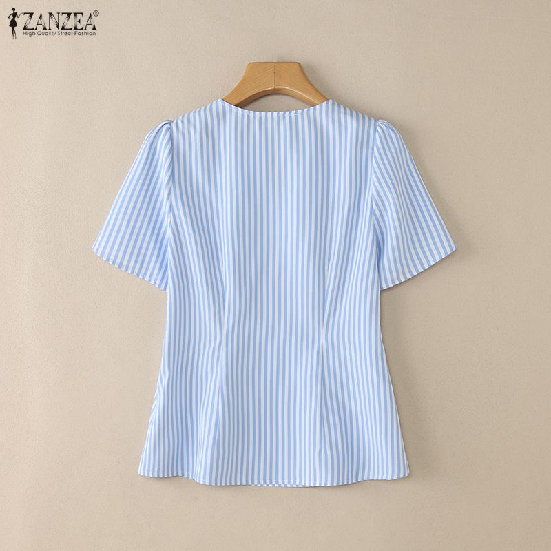 ZANZEA Women Casual V-Neck Loose Short Sleeve Stripe Blouse
