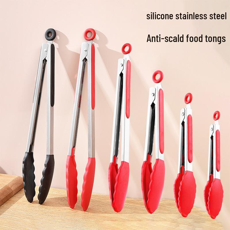 High-Temperature Resistant Silicone and Stainless Steel Food Tongs - Ideal for Barbecue, Roasting, and Bread.
