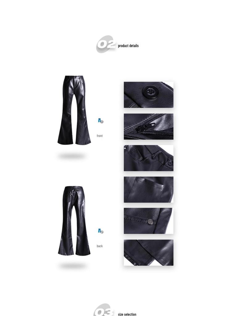 Damen High-Waist PU-Leder Micro-Flare Hose, Große Größen, Schlankmachend, Schwarz, Herbststil, Bodenlang.