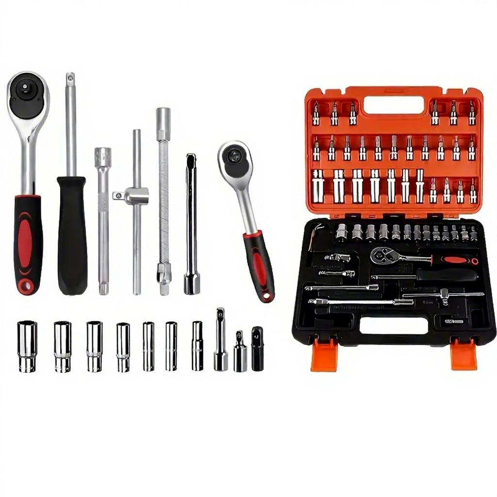 53pcs Maintenance & Outdoor Repair Tool Kit with Quick Ratchet Keys & Furniture Tools-Durable Carbon Steel Multi-Tool Box (Orange,General) оранжевый
