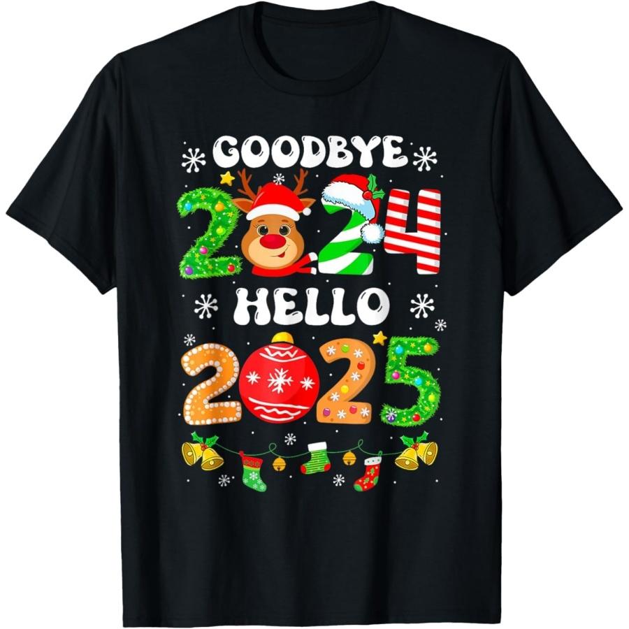 WOWHAHA Goodbye 2024 Hello 2025 Merry Christmas Happy New Year 2025 T-Shirt S