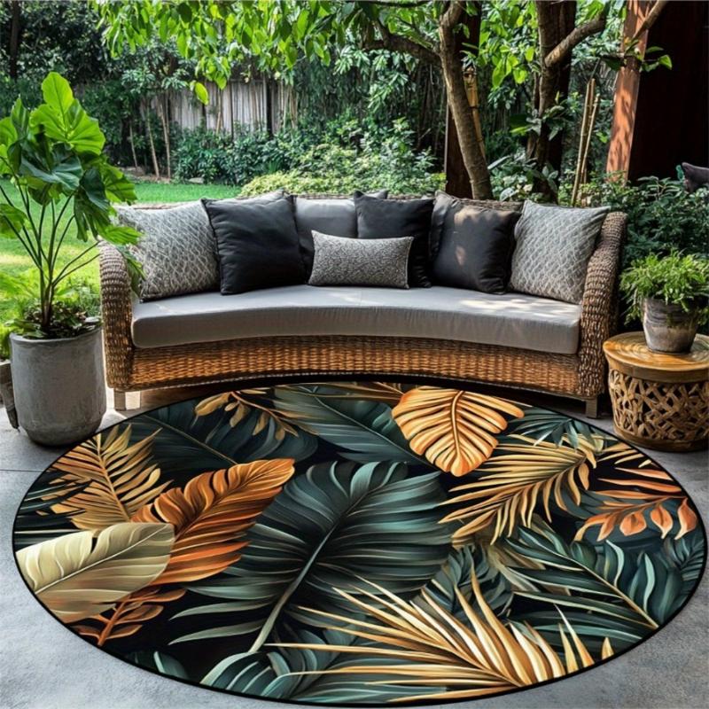 Zwarte Achtergrond Goud Groen Tropisch Bananenblad Rond Tapijt, Luxe Palmblad Vloermat voor Terras Balkon Woonkamer Bank 60cm-24in
