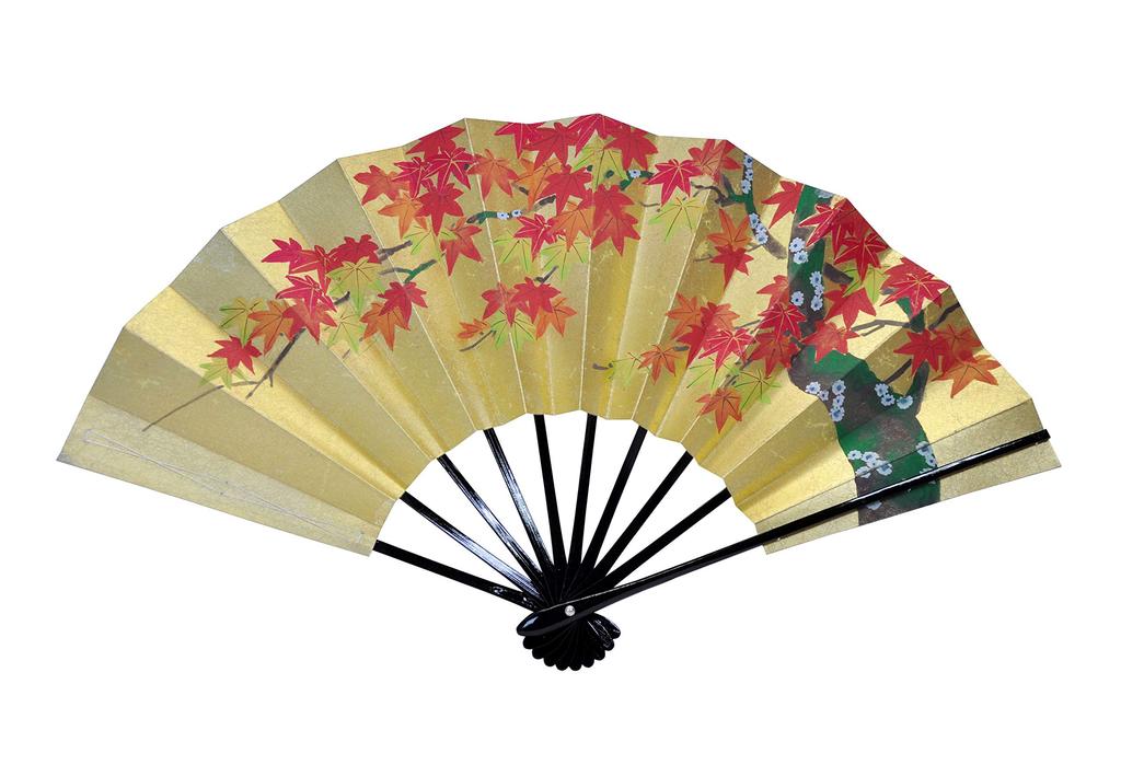 Kyoto Fan Hand-painted double-sided decorative fan with two cranes and autumn leaves. Comes with fan stand and box.