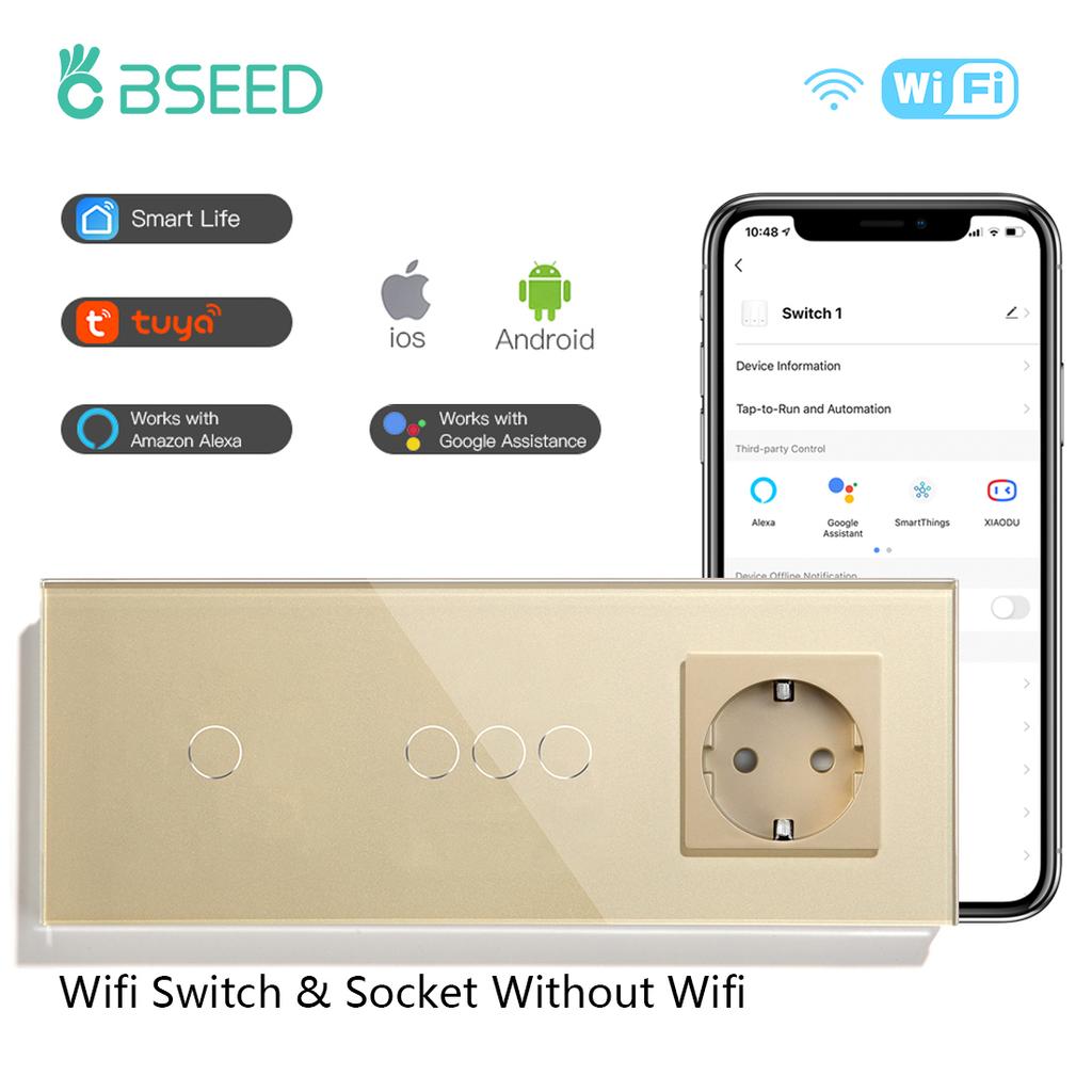BSEED  Wifi Double 1/2/3Gang Touch Switches Smart Life Alexa Control Plus Normal Wall Power Socket EU Standard Glass Panel 228mm