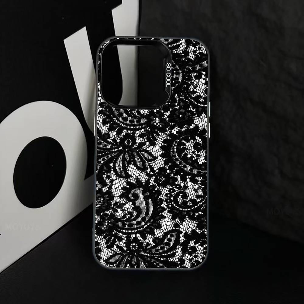 B-Black lace print Phone Case For iPhone 17,16,15,14,13,12,11 Plus,Pro Max,XS,Colorful Silver Black Cover