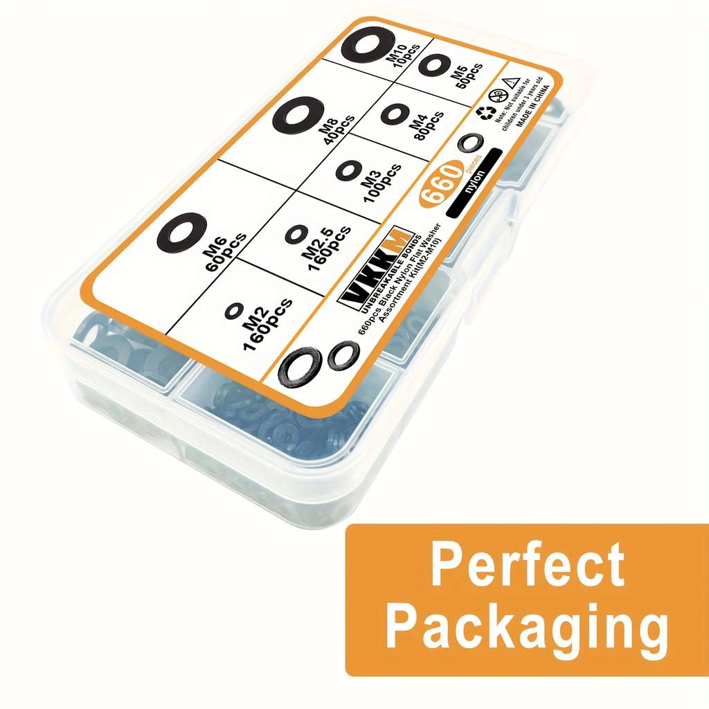 660pcs Black Nylon Flat Washer Assortment Kit: Perfect Electrical Connections for Household & Commercial Appliances (M2-M10)