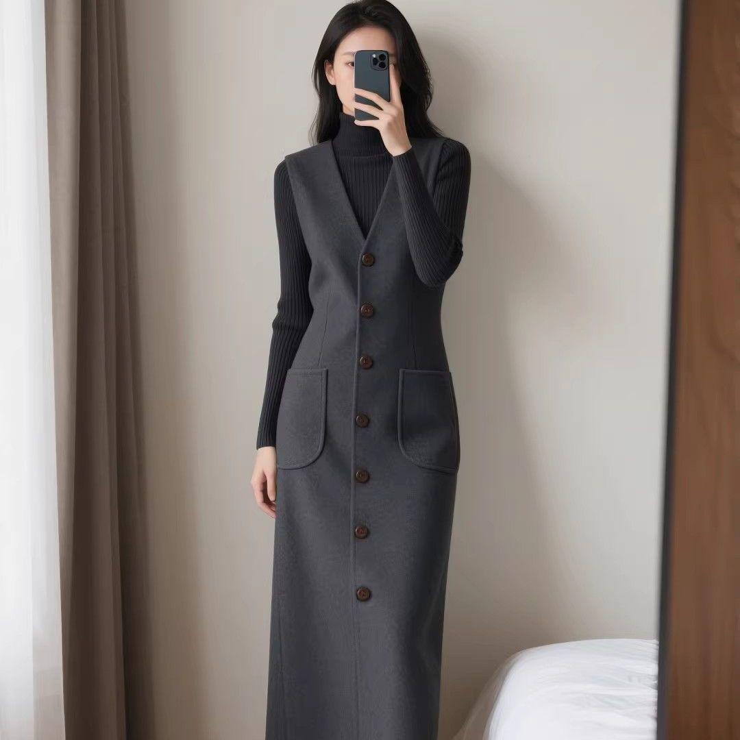 Retro Gray Woolen Midi Sleeveless Dress for Spring/Autumn - Slimming Women s Fashion XL (60-65 kg)