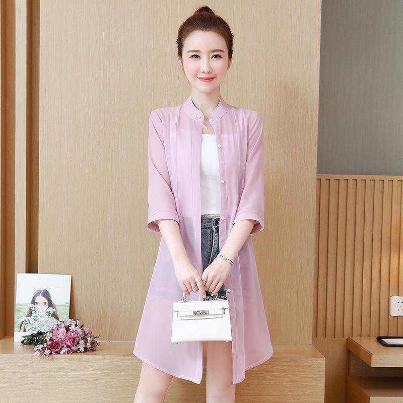 Sun Protection Clothing Women's Mid-length Beach Summer Chiffon Cardigan Shawl Air-conditioning Shirt Thin Coat
