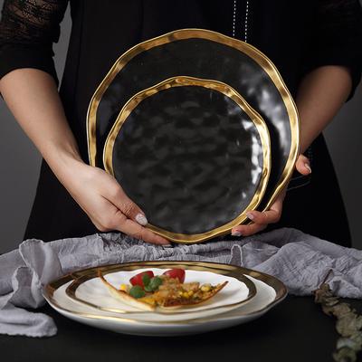 Farfurie de cină minimalistă de 8/10 inch Farfurie de servire din ceramică, albă, neagră, cu margine aurie, preparate cu friptură de paste, farfurie rotundă mare pentru petrecere