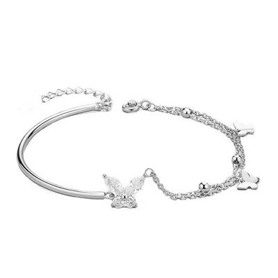 Butterfly Shiny Zircon Silver Color Bangle Light Luxury Multi-Layer Chain Bracelet For Women  Hand Accessories Jewelry