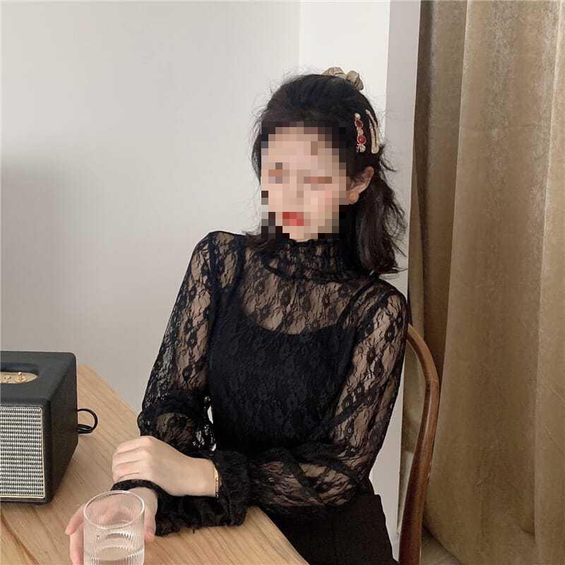 Black Long Sleeve Lace High Neck Mesh Top - Sexy Hollow-Out Fairy Chiffon Shirt for Women