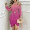 Women Plus Size Asymmetric Cold Shoulder Long Sleeve Brown Gold Vintage Damask Print Irregular Wrap Bodycon Midi Dress