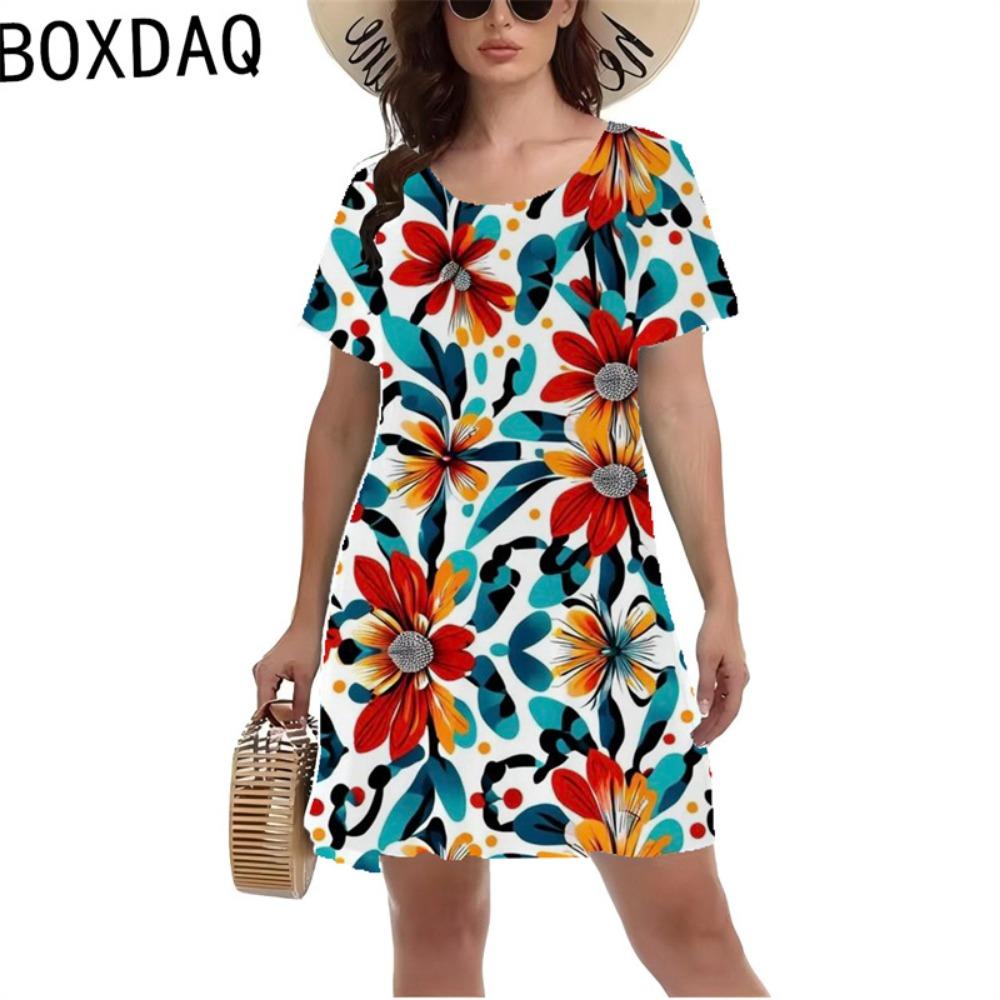 Summer Floral Print Dress Women's O-neck Short-sleeved Retro A-line Dress Colorful Flowers Seaside Holiday 3d Dress