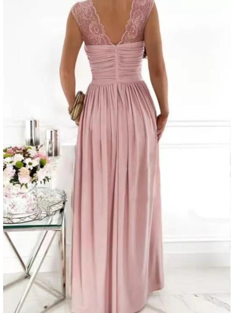 V Neck Lace Solid Color Dress Waist Hugging Overlapping Elegant Pleated Dress for Women Sleeveless Loose Dresses Causal Dress