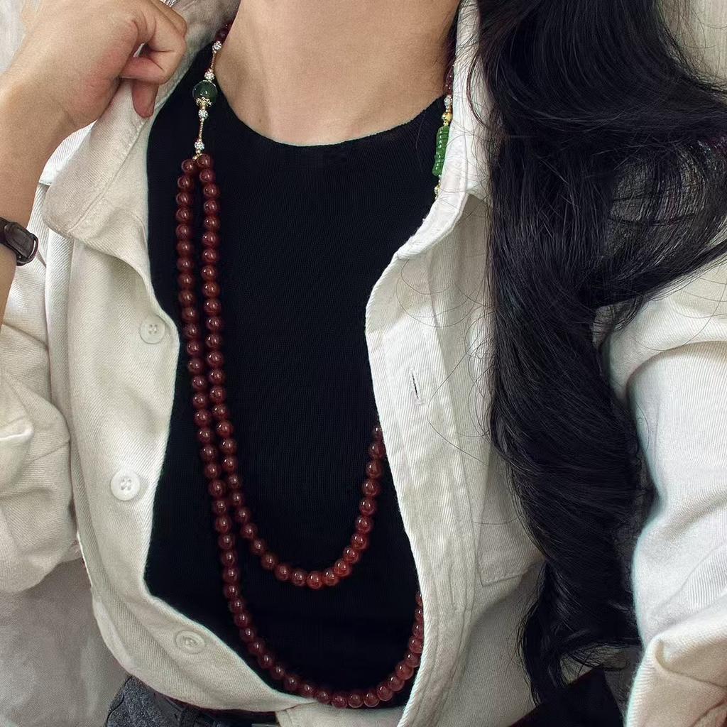 High Quality Pigeon Blood Red New Year'S Red Natural Chalcedony Agate Design Sweater Chain Necklace Collarbone Chain