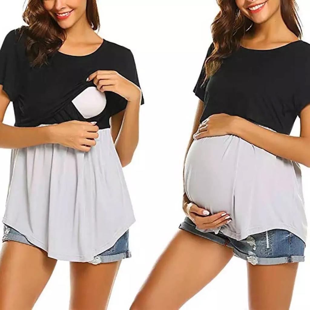 Sommer Kurzarm Rundhals Patchwork Unregelmäßig Stillen Schwangerschaft T-Shirt Top