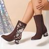Women Boot Socks Wide Calf Retro Ethnic Embroidered Women's Single Boots Thick Heels High Heels Side Womens Boots Half Calf
