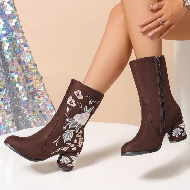 Women Boot Socks Wide Calf Retro Ethnic Embroidered Women's Single Boots Thick Heels High Heels Side Womens Boots Half Calf