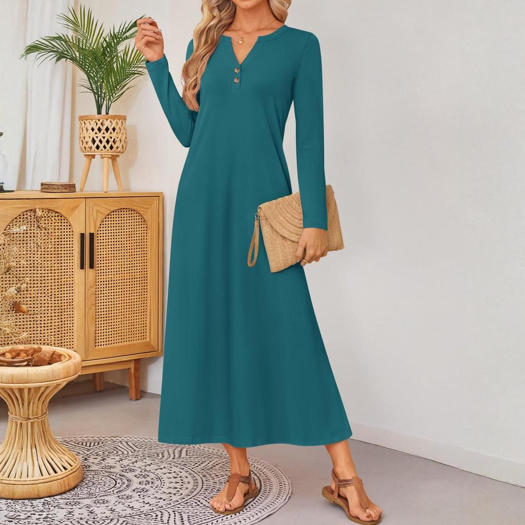 Women Solid-color Long-sleeved Comfortable Loose Dress, Elegant Dress