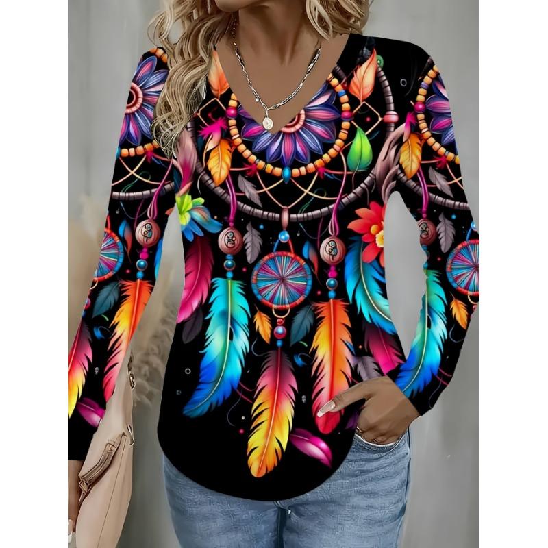 Colorful wind chime women's casual and elegant V-neck printed long-sleeved T-shirt