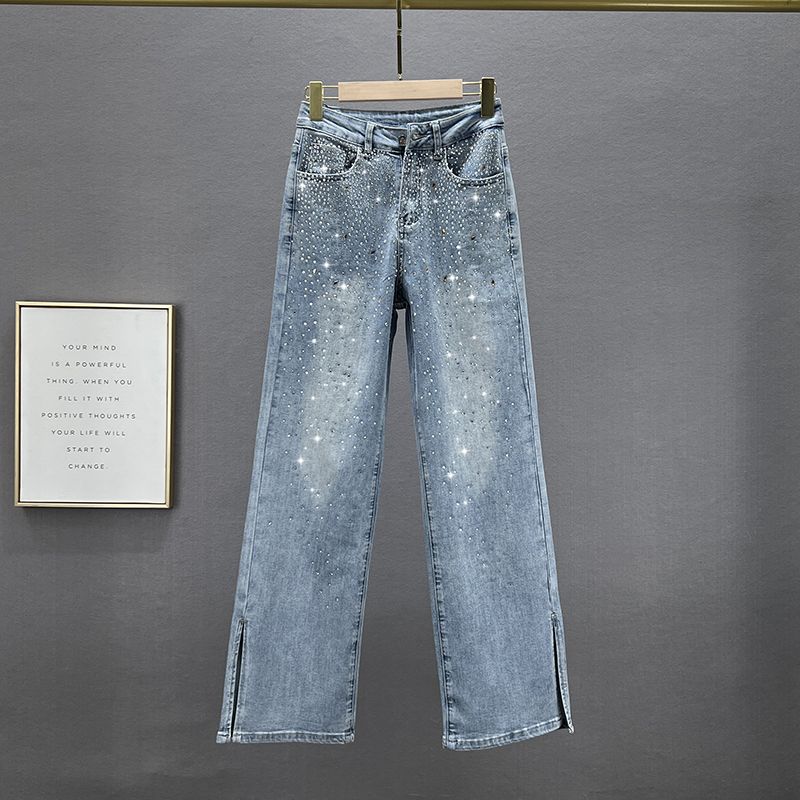 

Широкие джинсы Женская мода 2023 Новое поступление Весна Завышенная талия Свободные и стройнящие Европейские товары Горячая отделка Разрез Штаны-швабра Denim Blue S