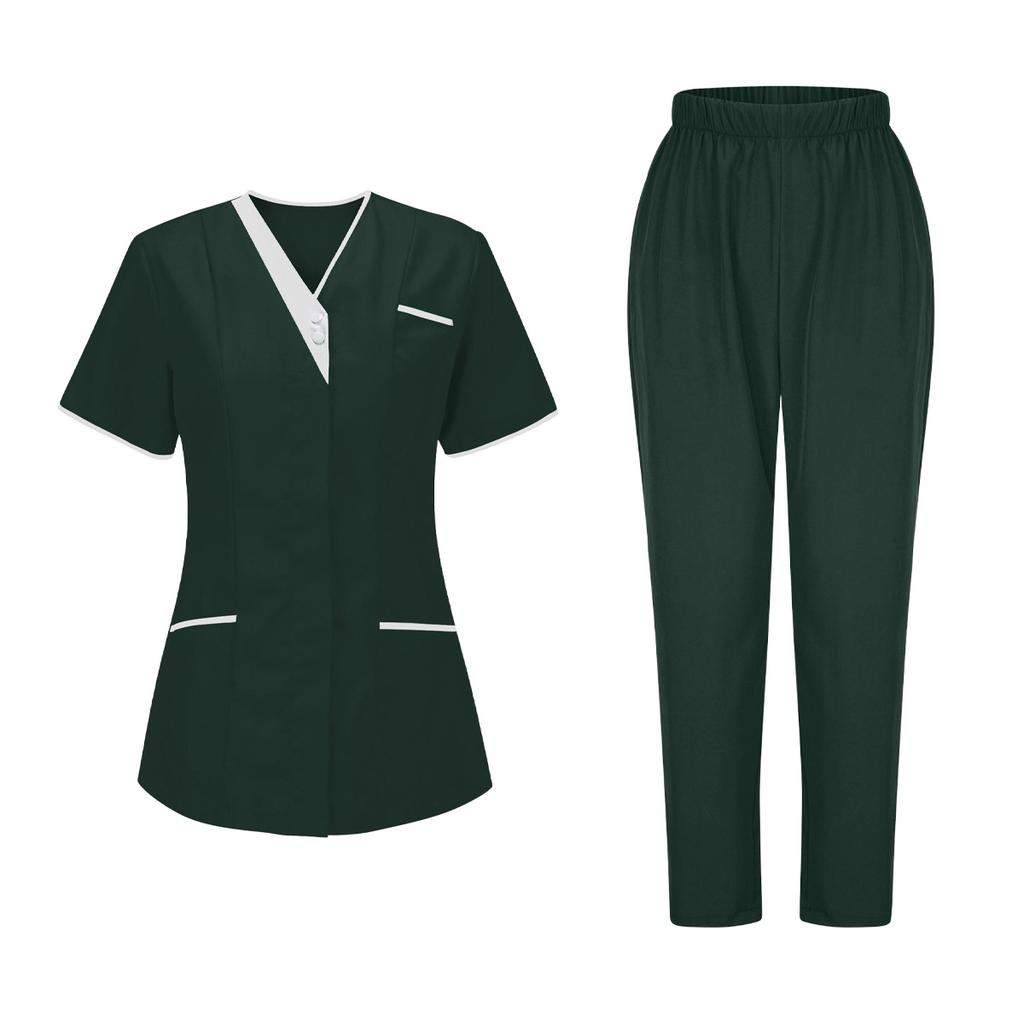 Women's Uniforms Quick Dry Fabrics V-Neck With Pockets Short Sleeves Long Pants Solid Color Workwear Suit