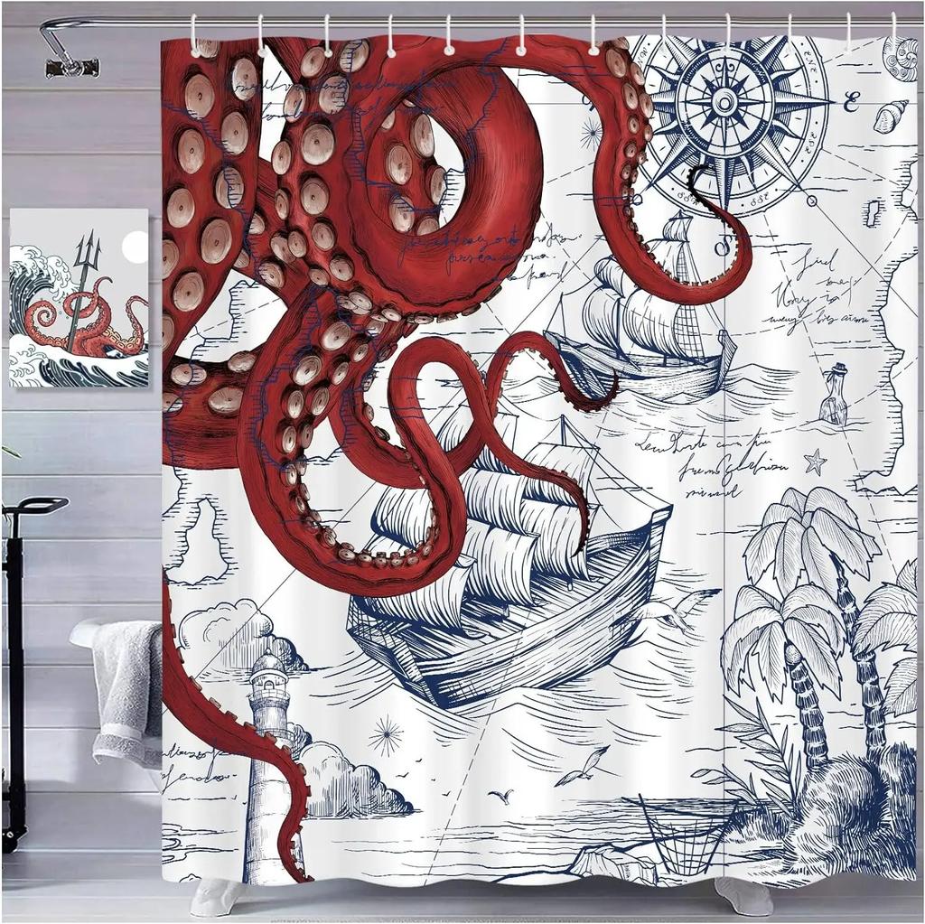 Vintage Nautical Octopus Shower Curtain Blue Mermaid Funny Ocean Kraken Anchor Coastal Map Polyester Fabric Bath Curtain Decor