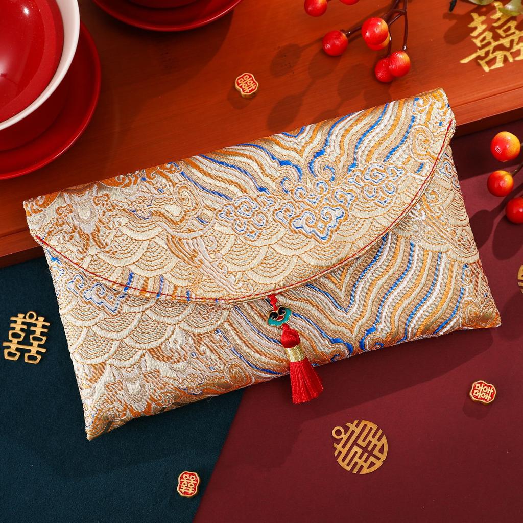 2 Pcs Brocade Embroidery Fabric Wedding Red Envelope Money Pocket Hongbao New Year's Blessing Bag Chinese Spring Festival Bags