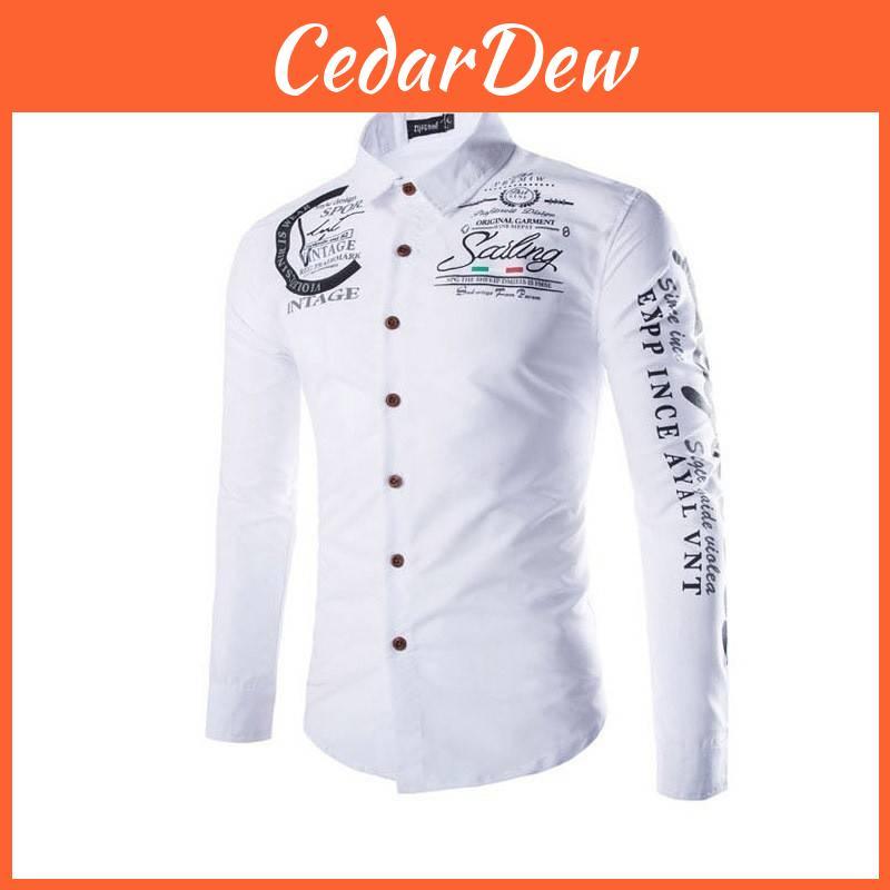 Mens Casual Long Sleeve Shirt With Print Collar And Button Closure