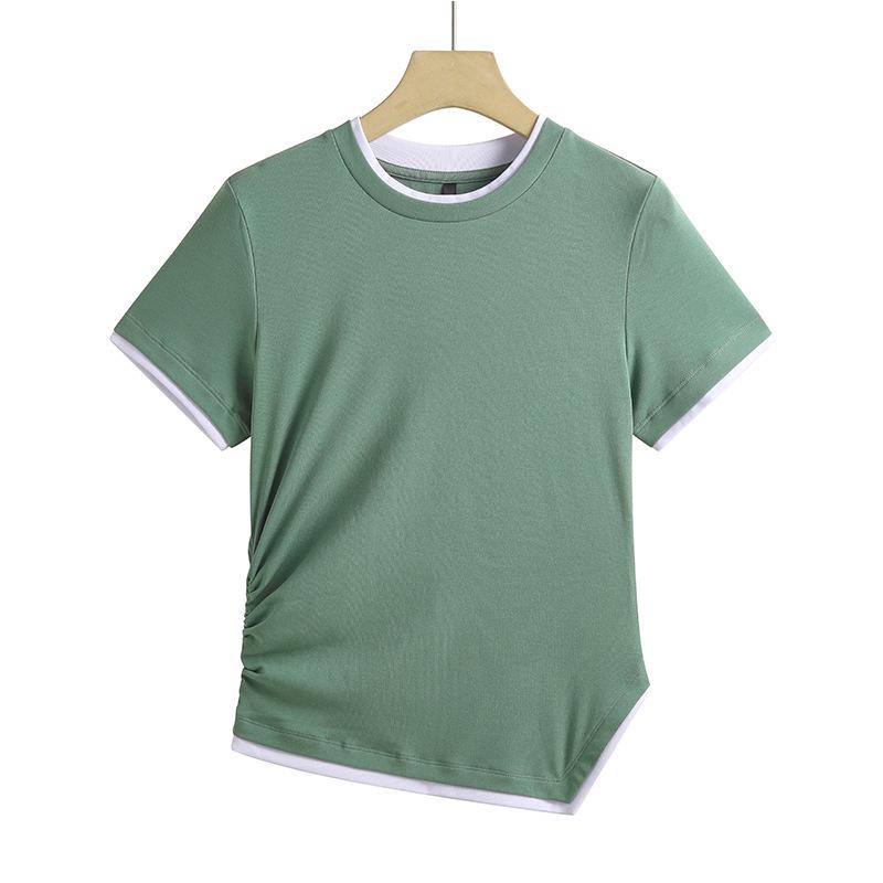 

Женская приталенная футболка Весна/Лето 2025 - Новый китайский стиль, Края с цветными блоками, Круглый вырез, Короткий рукав, Универсальная смесь хлопка XXL зелёный