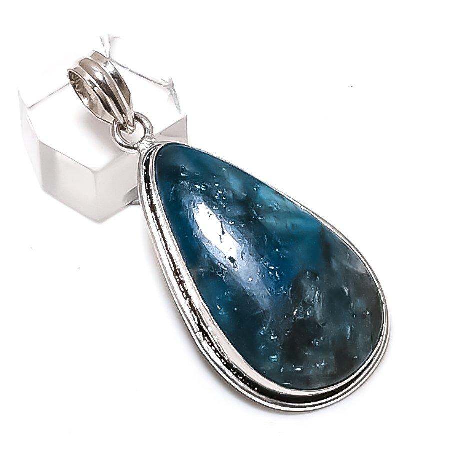 Neon Blue Apatite Gemstone Handmade 925 Sterling Silver Pendant 2.17" O3i84