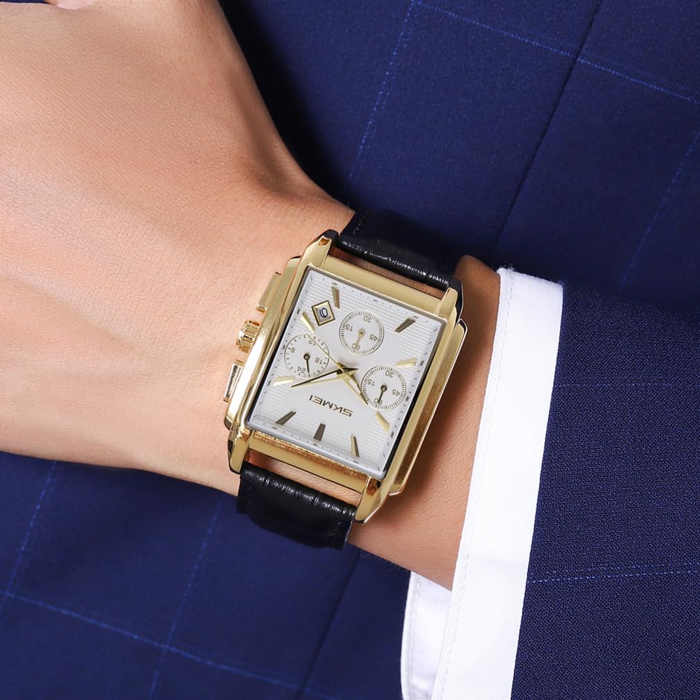 SKMEI Square Watch Black Leather Strap Stylish Arm Watch Chronograph Waterproof Brand Analog Business Casual Watch Luxury Gift Gold White Watch for
