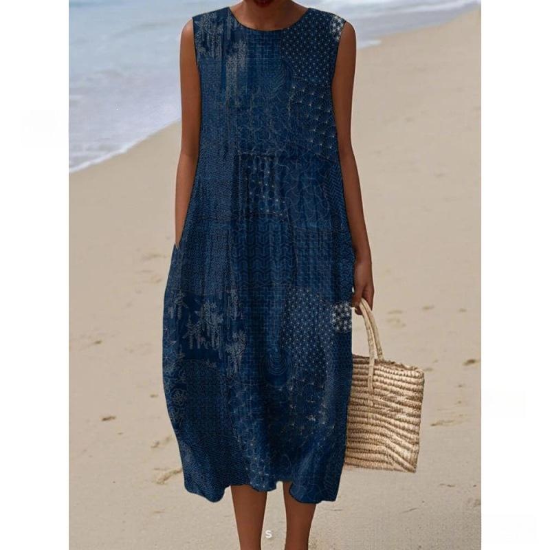 European and American New Summer Flower Ocean Printing European Size Round Neck Sleeveless Long Dress Creative Loose Dress