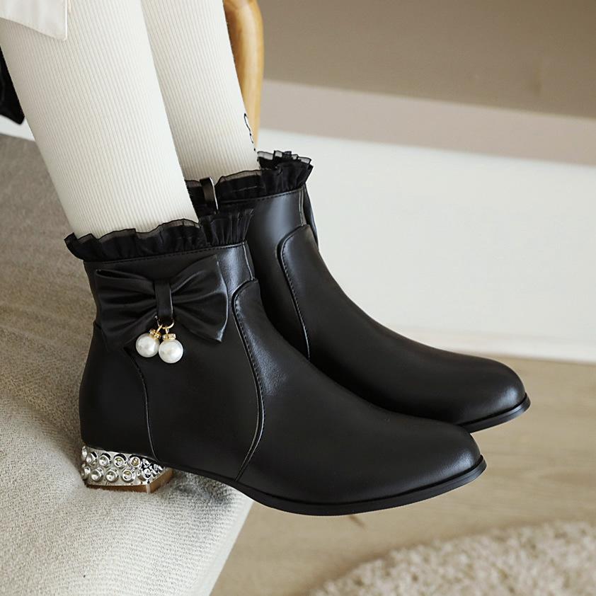 Autumn Winter Girls Boots Sweet Bow Zipper Ankle Boots Comfort Square Heel Women Boots Pink Lolita Student Shoes Plus Size 28-43