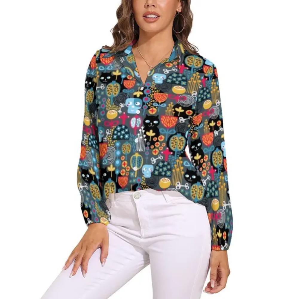 Black Cat Blouse For Women Cute Classic Cat Print Loose Blouses Long Sleeve Kawaii Shirts Spring Casual Clothing Big Size Blouse
