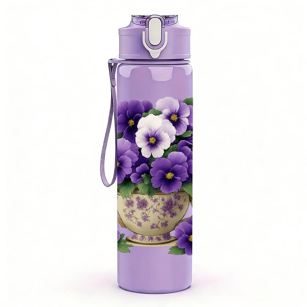 1PC Pansy Flower Pot Layout 750ml Color Plastic Sports Water Bottle Leakproof Flip Straw Lid For Sports Office Home Use